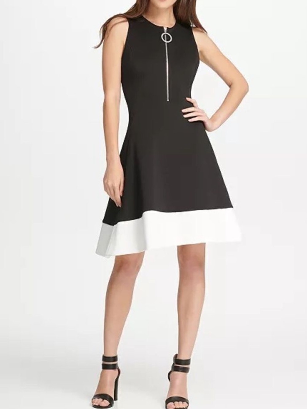DONY Sleeveless Black and White Fit & Flare Dress with Zip Detail